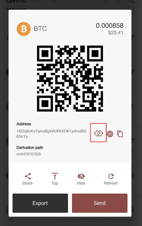 screenshot of a BTC segwit address on CoinWallet
